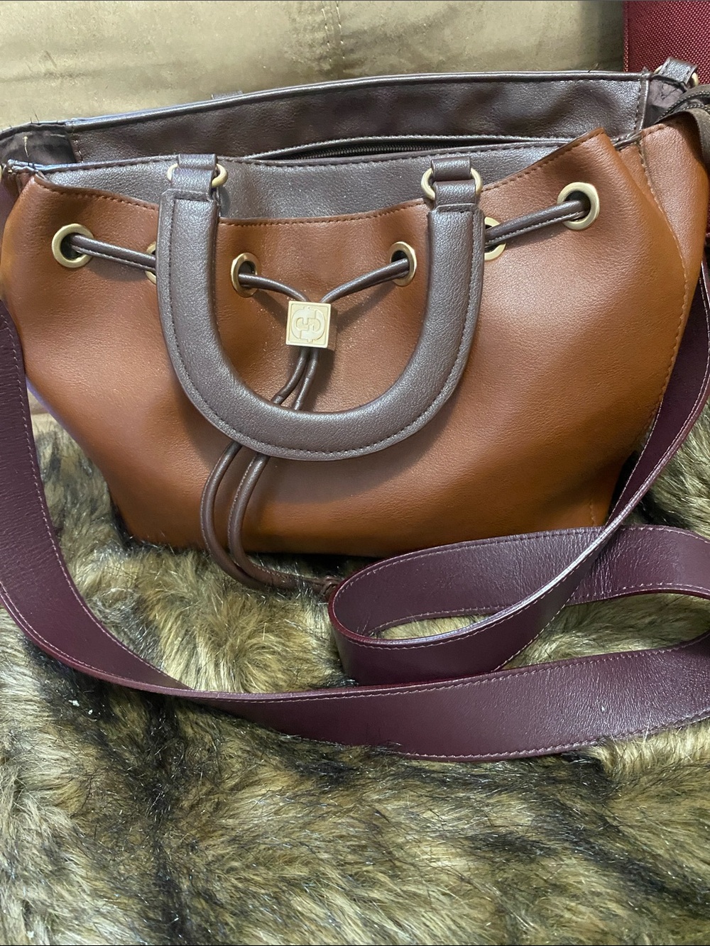 Brown and Dark Brown Drawstring Satchel by